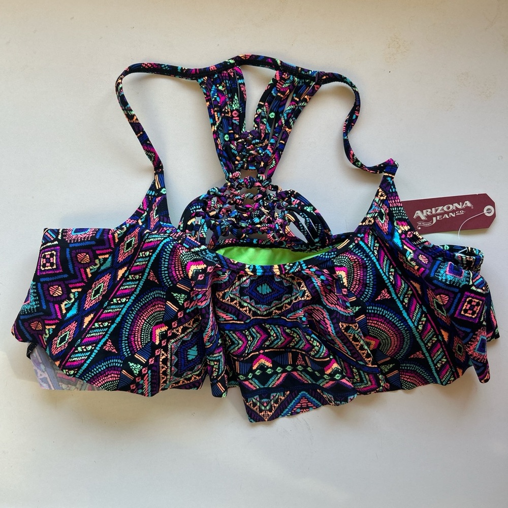 Arizona Jean Company‎ Neon Green Lined Multicolor Tribal Swim Top